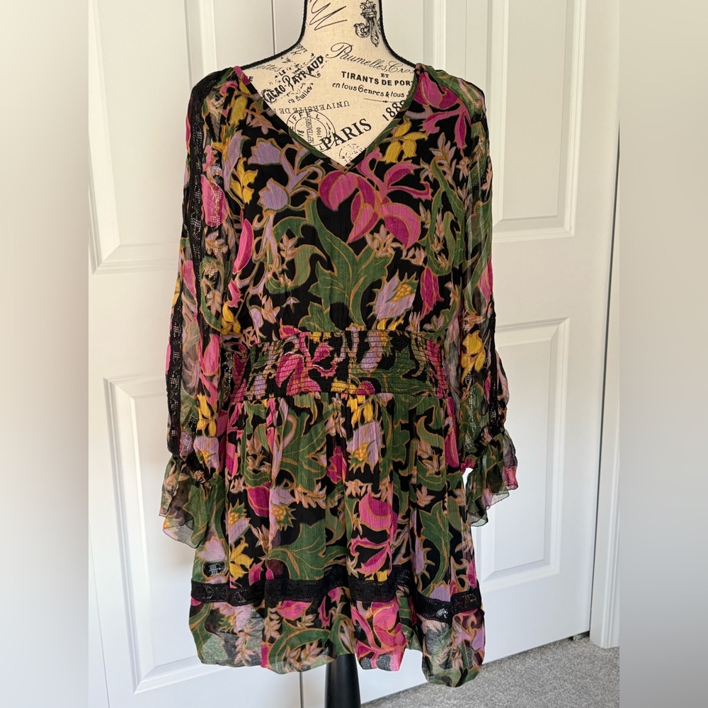 Anthropologie‎ Genevieve Lace midi Black Dress with Floral Accents Size MP